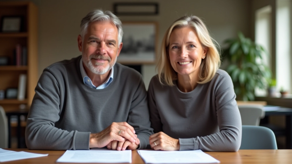 Ehepaar sitzt am Tisch mit Testament und Dokumenten vor sich