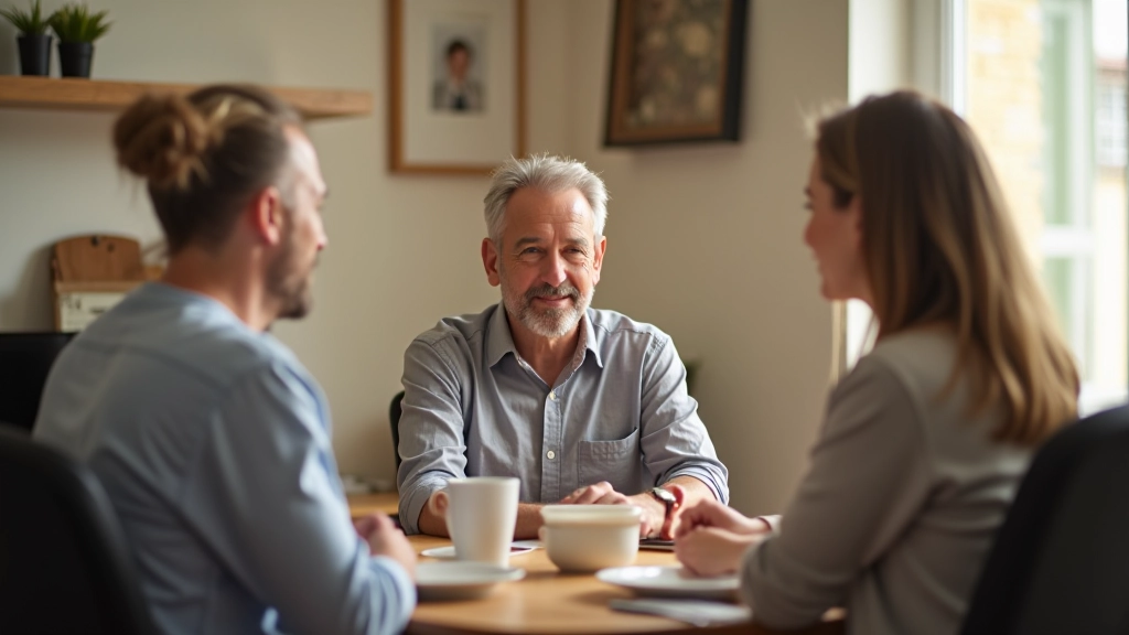 Familie sitzt zusammen am Esstisch und bespricht Testament, freundliche Atmosphäre, natürliches Licht