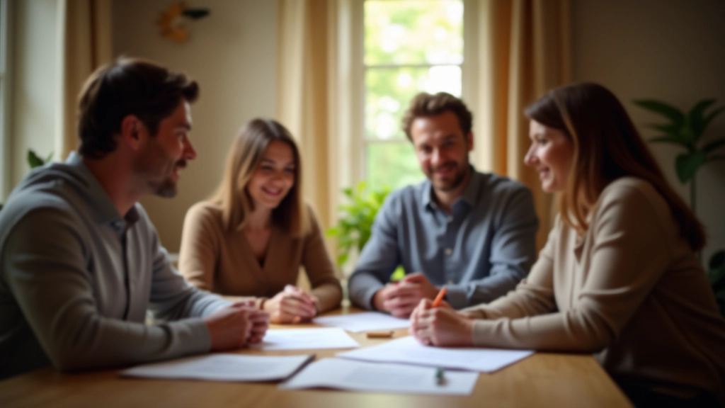 Familie sitzt zusammen am Tisch mit Dokumenten zur Erbschaftsplanung