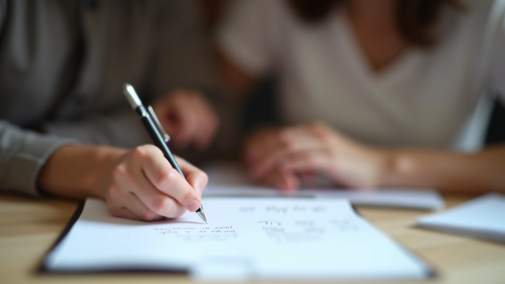Familienfoto und Notizblock mit Stift auf Tisch