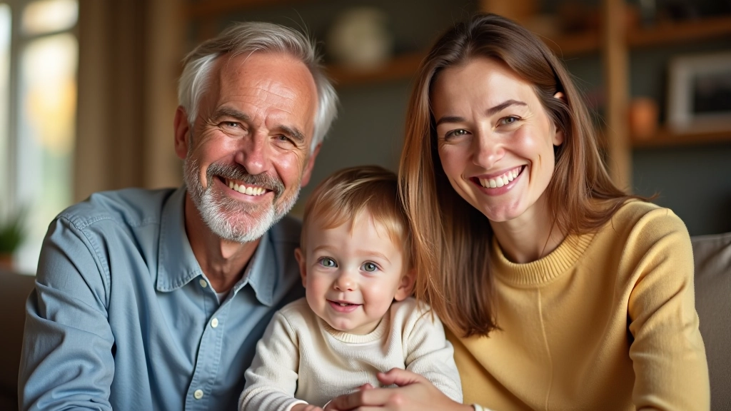 Familie von vier Personen sitzt zusammen im Wohnzimmer und unterhält sich freundlich