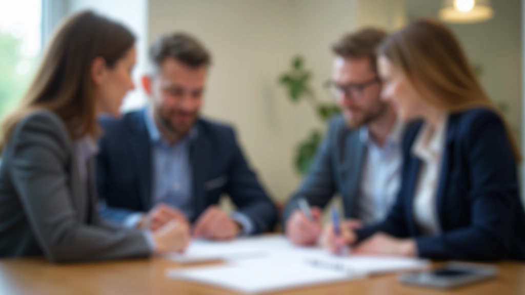 Berater und Paar besprechen Schenkungsplanung an Tisch mit Dokumenten und Taschenrechner